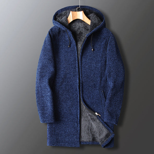 Men's Zip-Up Long Hooded Fleece Jacket with Adjustable Drawstring Hood - Warm & Stylish Outerwear
