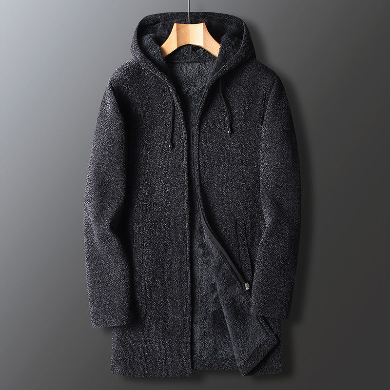 Men's Zip-Up Long Hooded Fleece Jacket with Adjustable Drawstring Hood - Warm & Stylish Outerwear