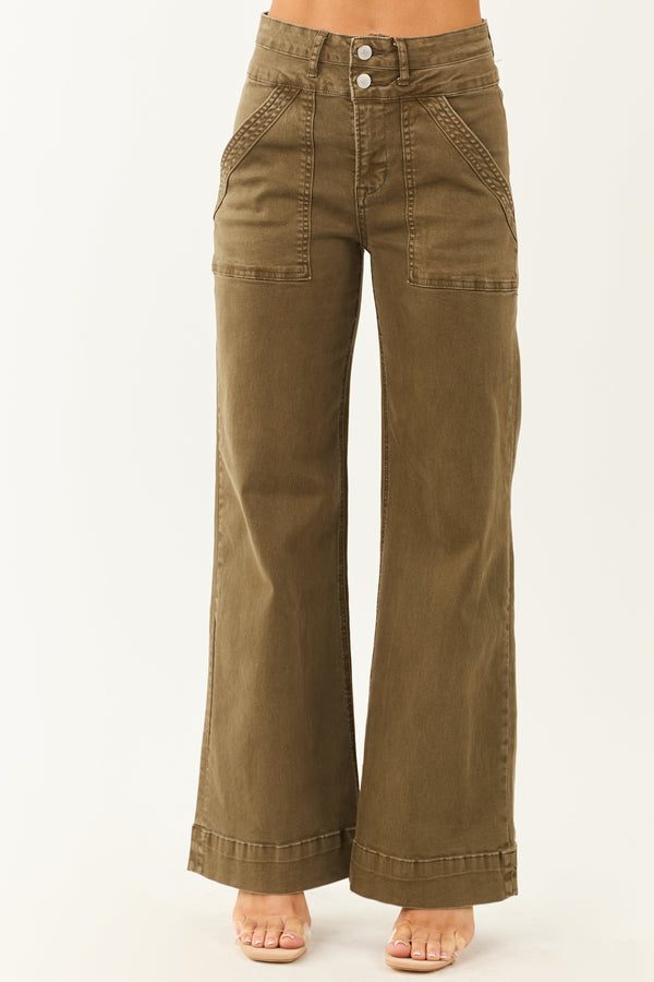 Mica Women's Army Green Wide Leg Stretchy Denim Jeans - Comfortable & Stylish Fit
