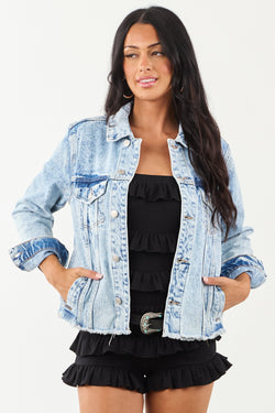 Mica Light Acid Wash Denim Button Down Jacket for Women - Stylish Casual Outerwear