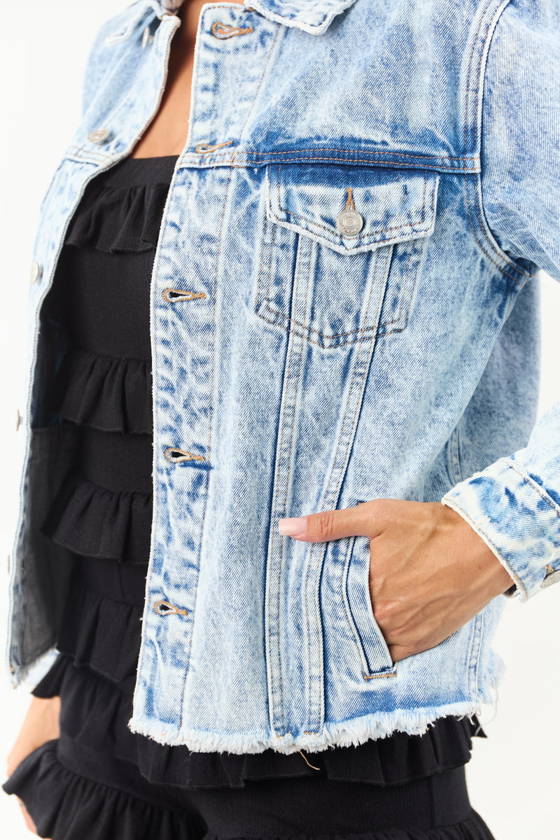 Mica Light Acid Wash Denim Button Down Jacket for Women - Stylish Casual Outerwear