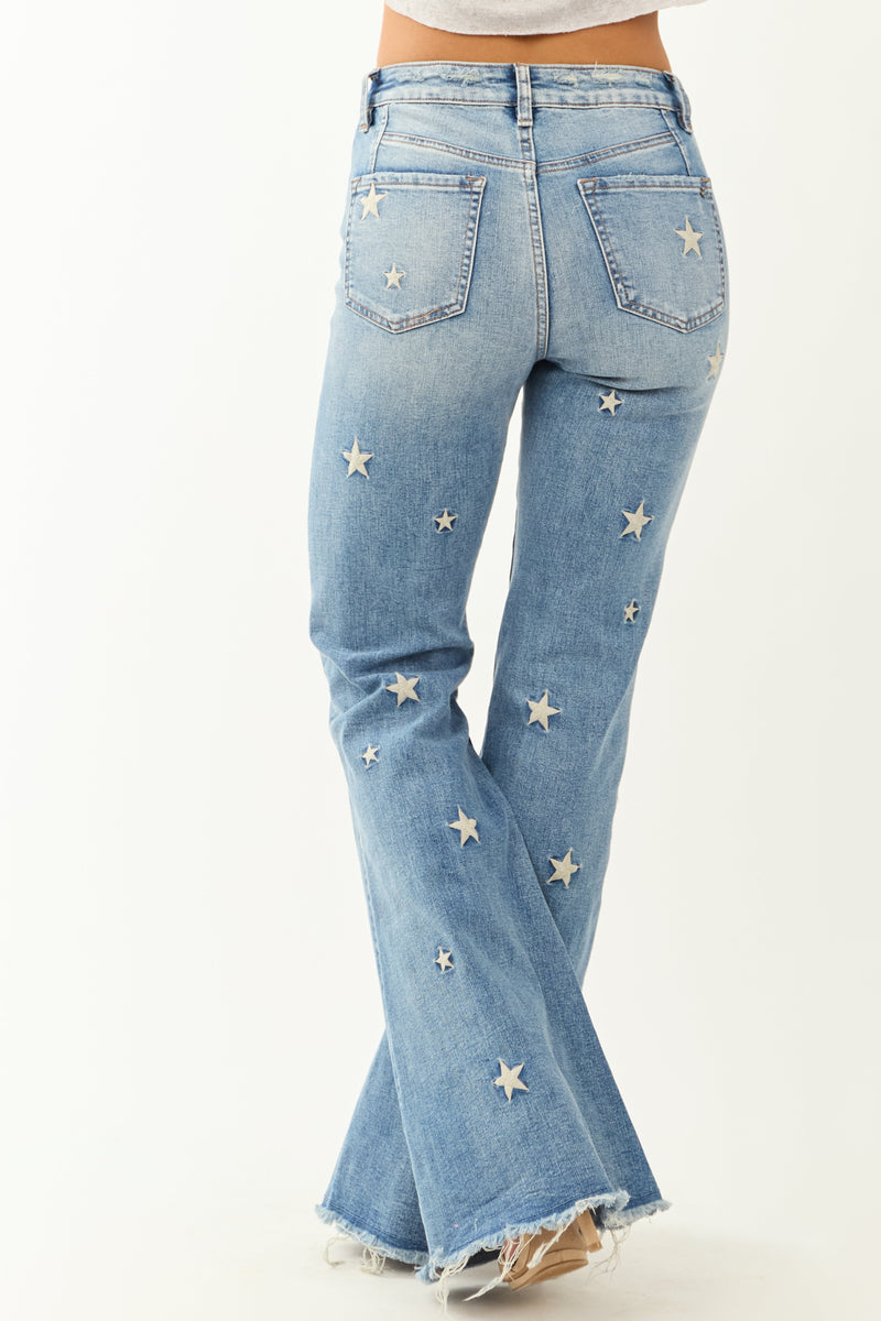 Mica Denim Medium Wash Stretchy Star Flare Jeans for Women - Trendy High-Rise Fit, Comfortable & Stylish
