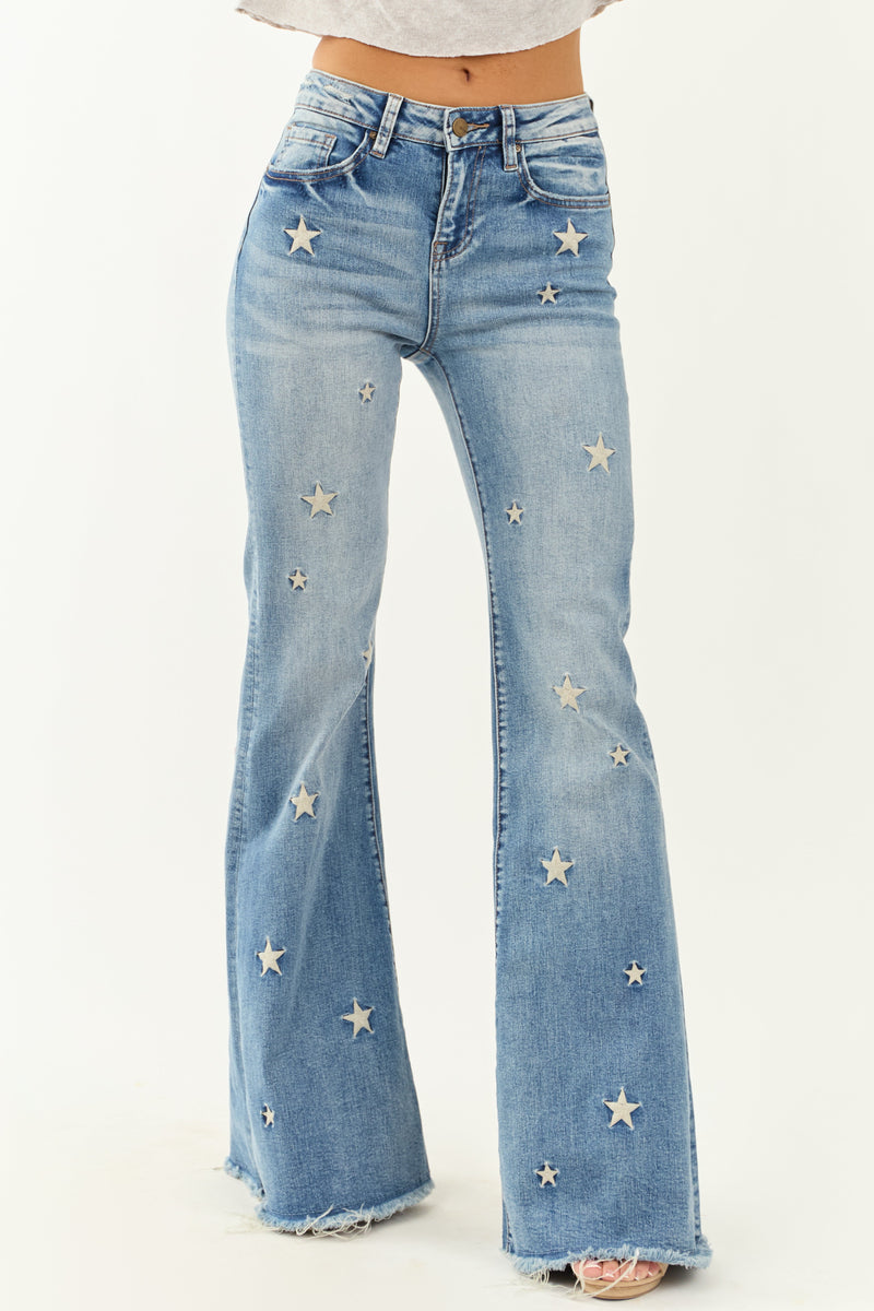 Mica Denim Medium Wash Stretchy Star Flare Jeans for Women - Trendy High-Rise Fit, Comfortable & Stylish