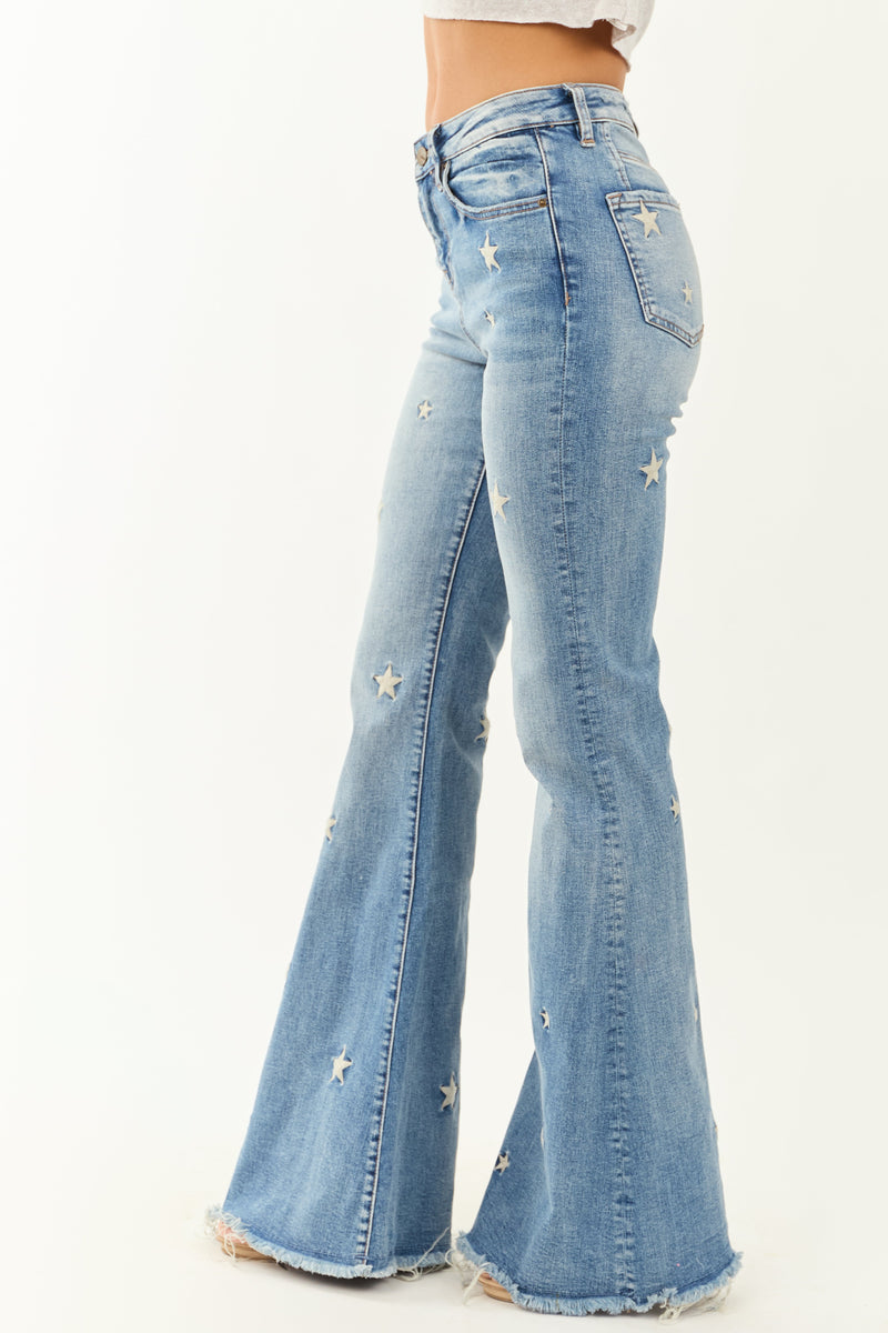 Mica Denim Medium Wash Stretchy Star Flare Jeans for Women - Trendy High-Rise Fit, Comfortable & Stylish
