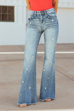 Mica Denim Medium Wash Stretchy Star Flare Jeans for Women - Trendy High-Rise Fit, Comfortable & Stylish