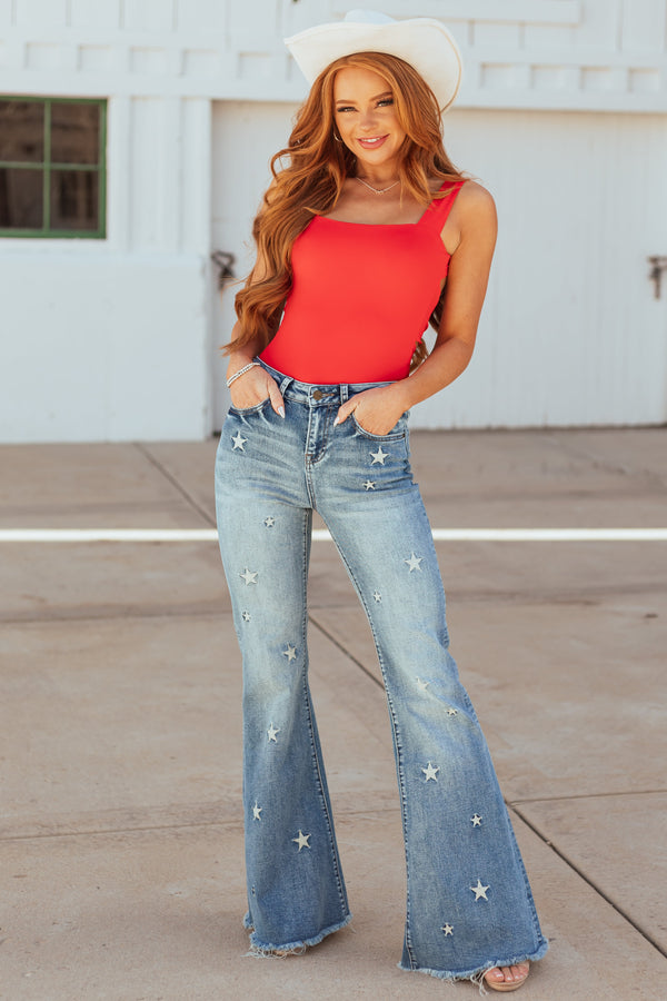 Mica Denim Medium Wash Stretchy Star Flare Jeans for Women - Trendy High-Rise Fit, Comfortable & Stylish