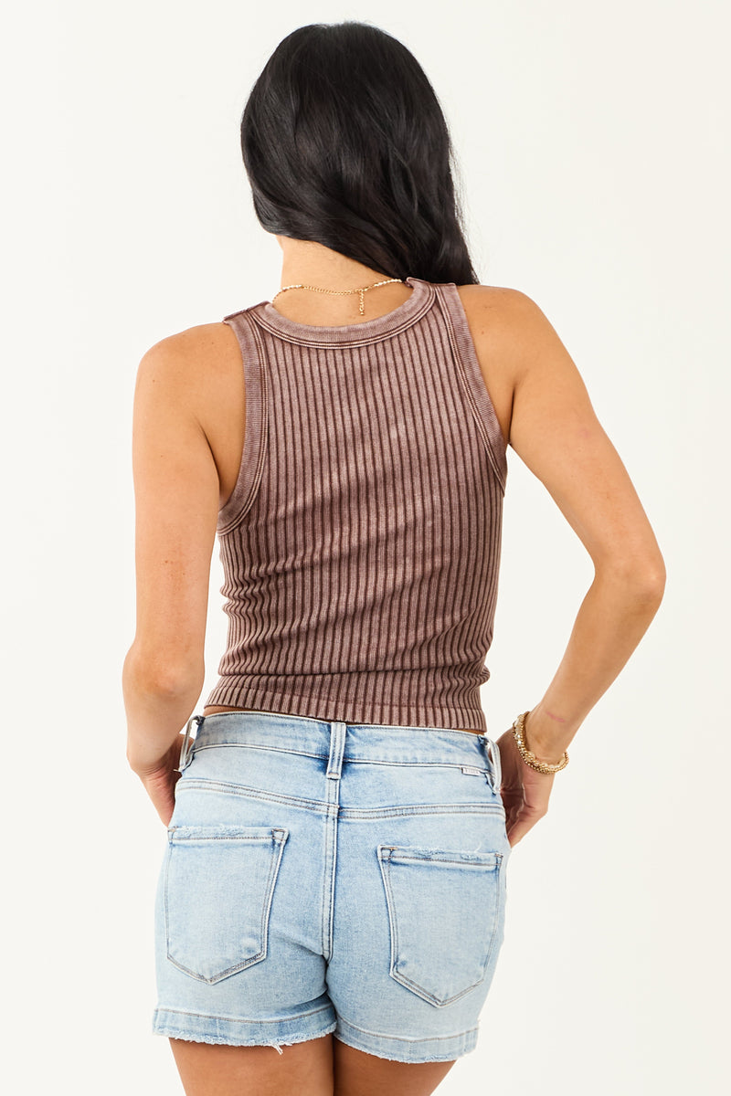Women's Mocha Ribbed Stretchy Knit Washed Tank Top - Comfortable & Stylish Casual Wear