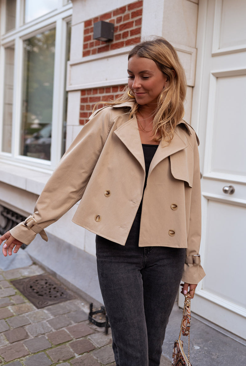 Women's Cropped Double-Breasted Trench Coat with Belted Cuffs - Stylish & Versatile Outerwear