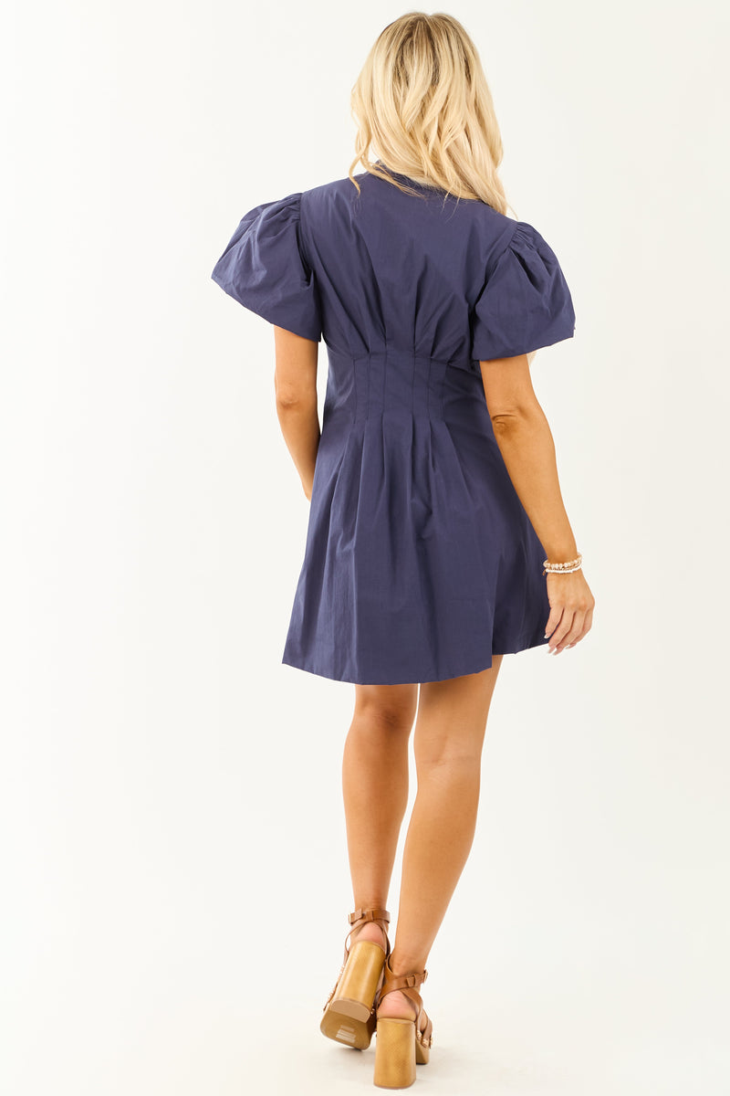 Chic Navy Bubble Sleeve Cotton Mini Dress with Button Down Detail - Perfect for Casual or Dressy Occasions