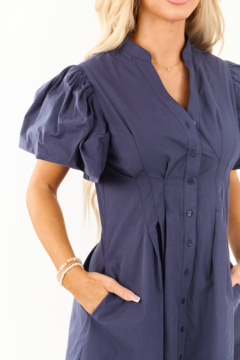 Chic Navy Bubble Sleeve Cotton Mini Dress with Button Down Detail - Perfect for Casual or Dressy Occasions