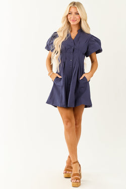 Chic Navy Bubble Sleeve Cotton Mini Dress with Button Down Detail - Perfect for Casual or Dressy Occasions