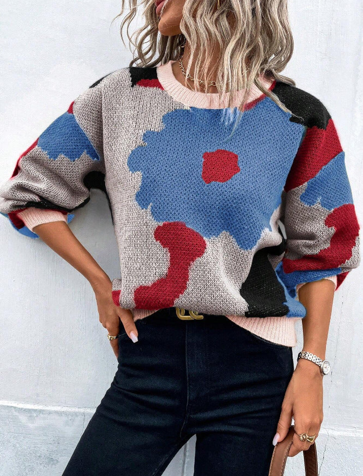 Stylish Women's Patterned Knit Jumper - Round Neck & Balloon Sleeves Sweater