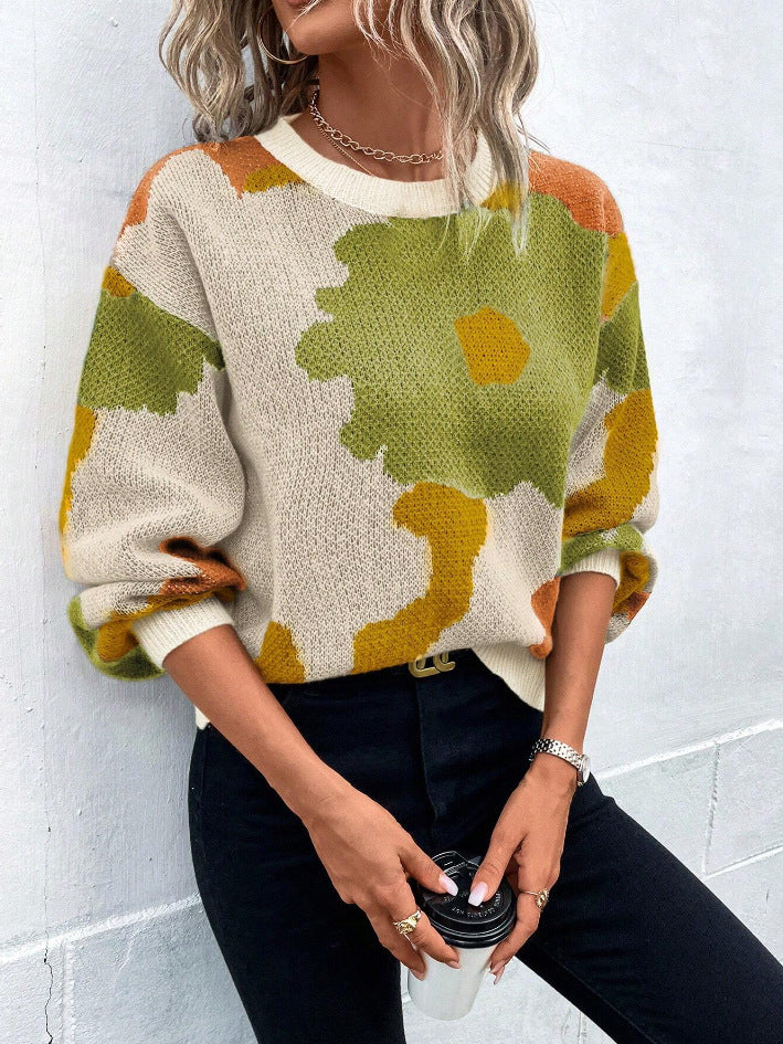 Stylish Women's Patterned Knit Jumper - Round Neck & Balloon Sleeves Sweater