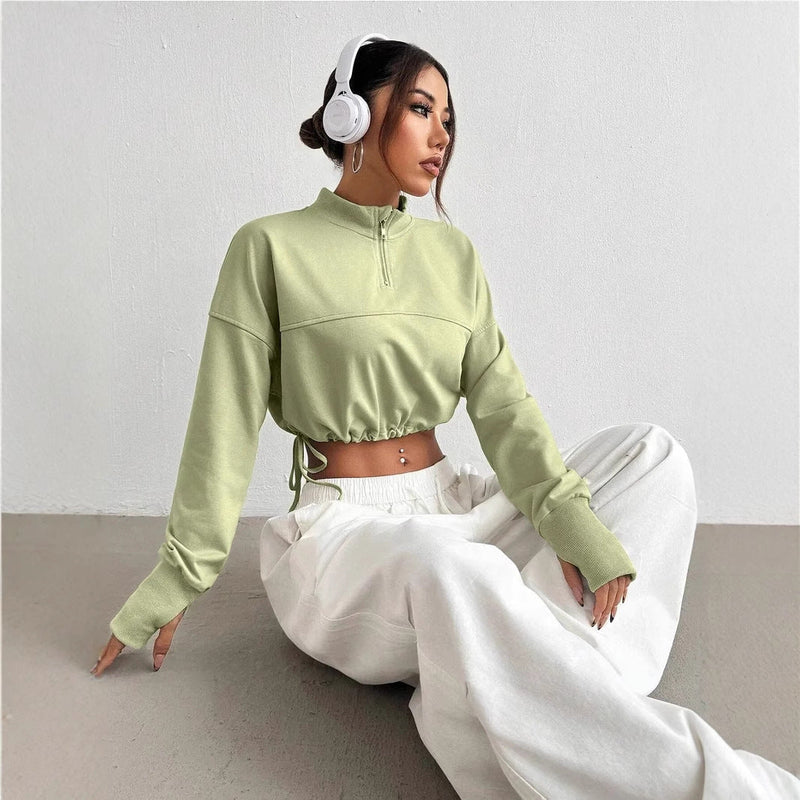 Women's Cropped Zip Neck Sweatshirt Jumper with Balloon Sleeves - Trendy & Comfortable