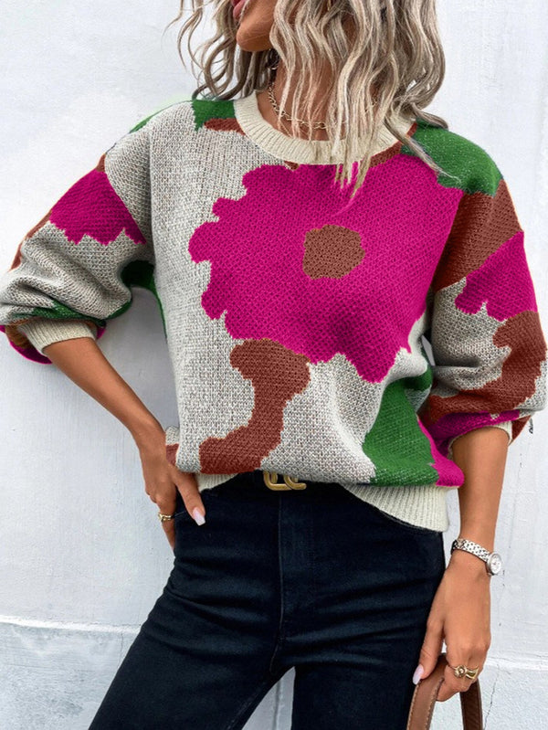 Stylish Women's Patterned Knit Jumper - Round Neck & Balloon Sleeves Sweater