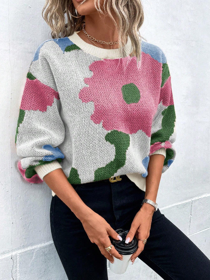 Stylish Women's Patterned Knit Jumper - Round Neck & Balloon Sleeves Sweater