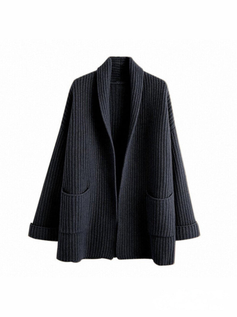 Women’s Cardigan – Oversized Fit – Thick Wool Blend – V-Neck – Ribbed – Long Sleeve – Pockets