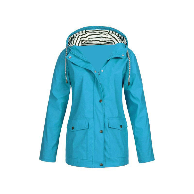 Women's Mid-Length Raincoat - Relaxed Fit with Adjustable Hood - Stylish & Functional Outdoor Jacket for All Weather