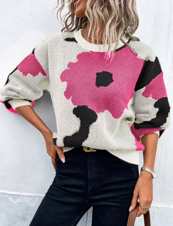 Stylish Women's Patterned Knit Jumper - Round Neck & Balloon Sleeves Sweater