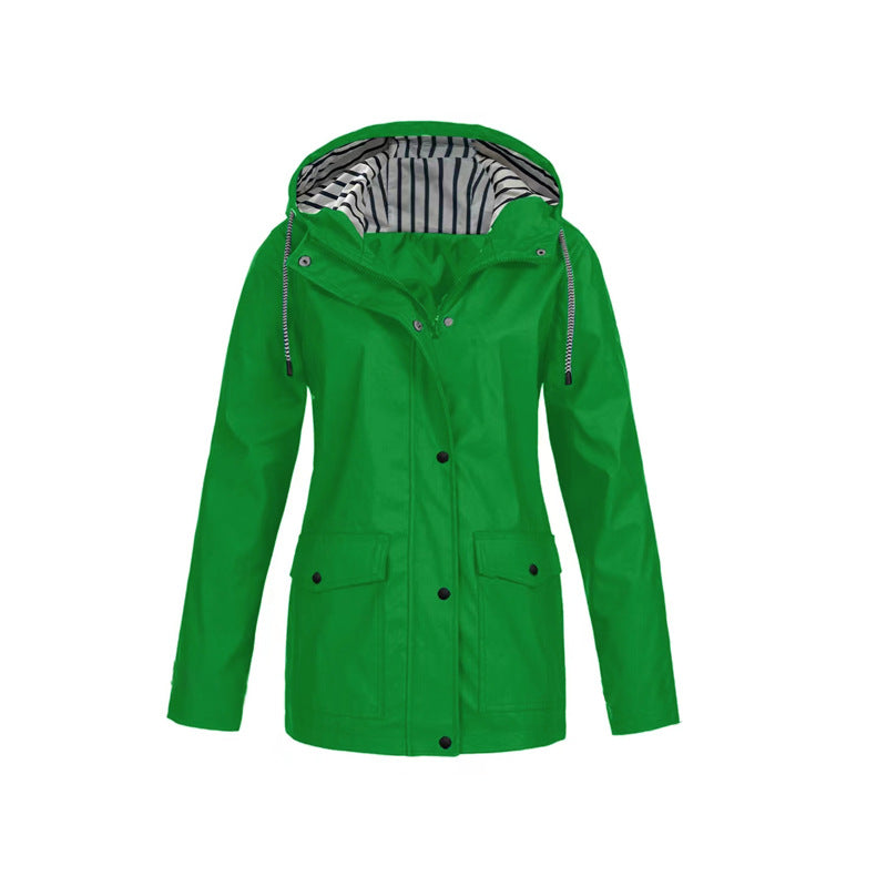 Women's Mid-Length Raincoat - Relaxed Fit with Adjustable Hood - Stylish & Functional Outdoor Jacket for All Weather