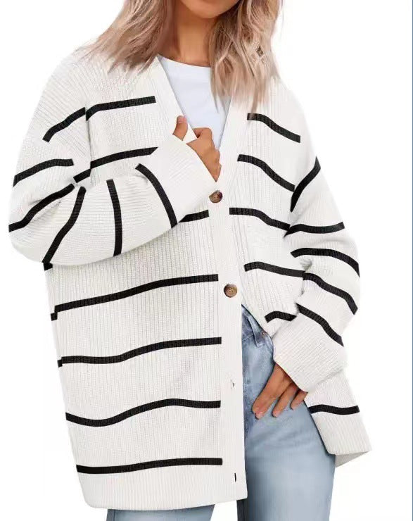 Women's Relaxed Fit Striped Knit Cardigan - Stylish Button-Up Sweater for Everyday Wear