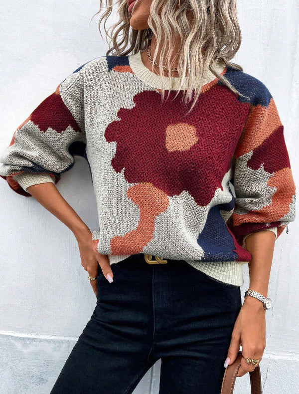 Stylish Women's Patterned Knit Jumper - Round Neck & Balloon Sleeves Sweater