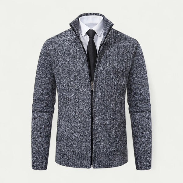 Men's High Collar Cable-Knit Zip-Up Cardigan with Ribbed Hem - Stylish & Cozy Knitwear