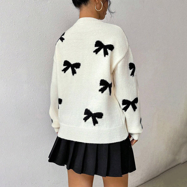 Women's Relaxed Fit Knitted Wool Blend Pullover Sweater with Bow Detail - Cozy Crew Neck Top
