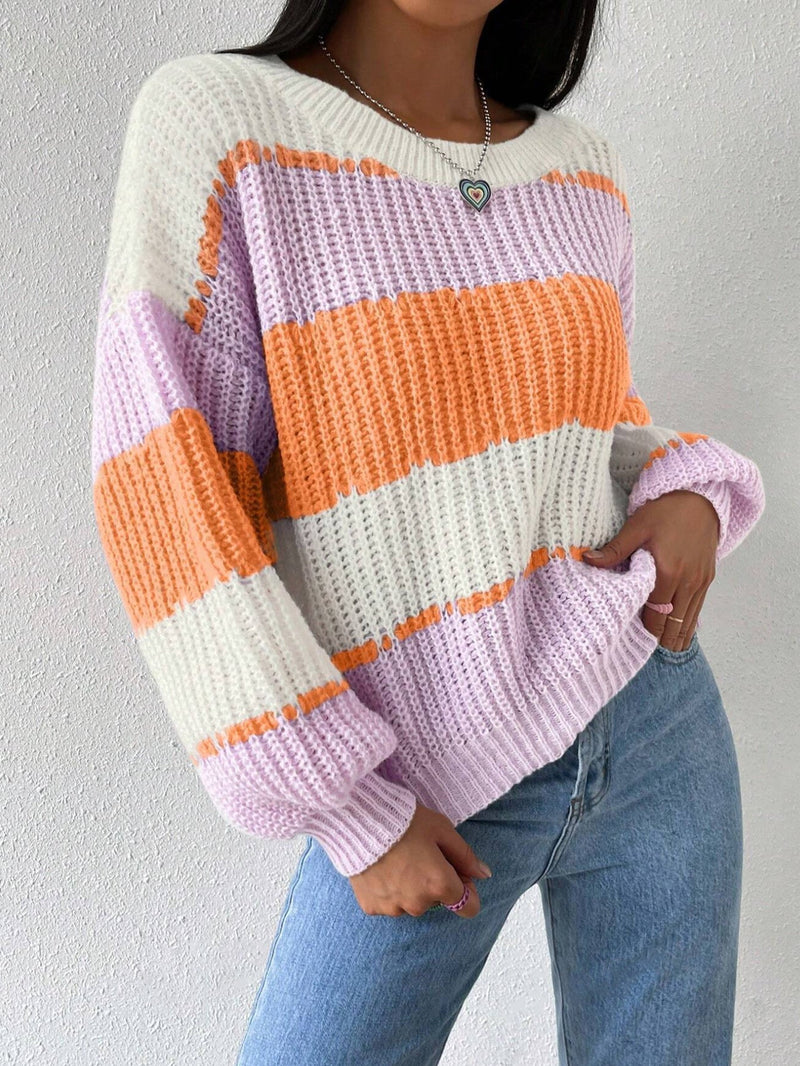 Women's Striped Knit Jumper - Crew Neck, Long Sleeves, Cozy Sweater for Casual Wear