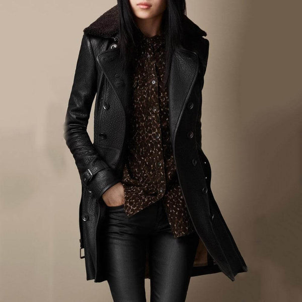 Stylish Women's Leather Trench Coat with Luxurious Shearling Collar - Perfect for Fall & Winter Fashion