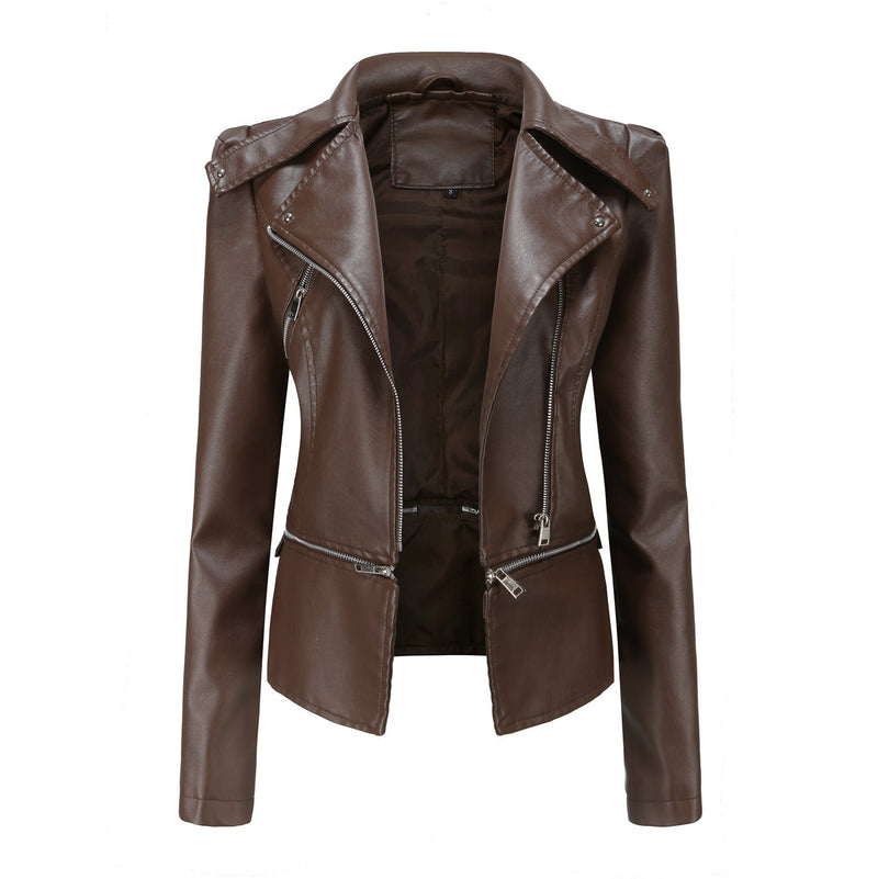 Women's Zippered Leather Motorcycle Jacket - Stylish & Durable Biker Outerwear