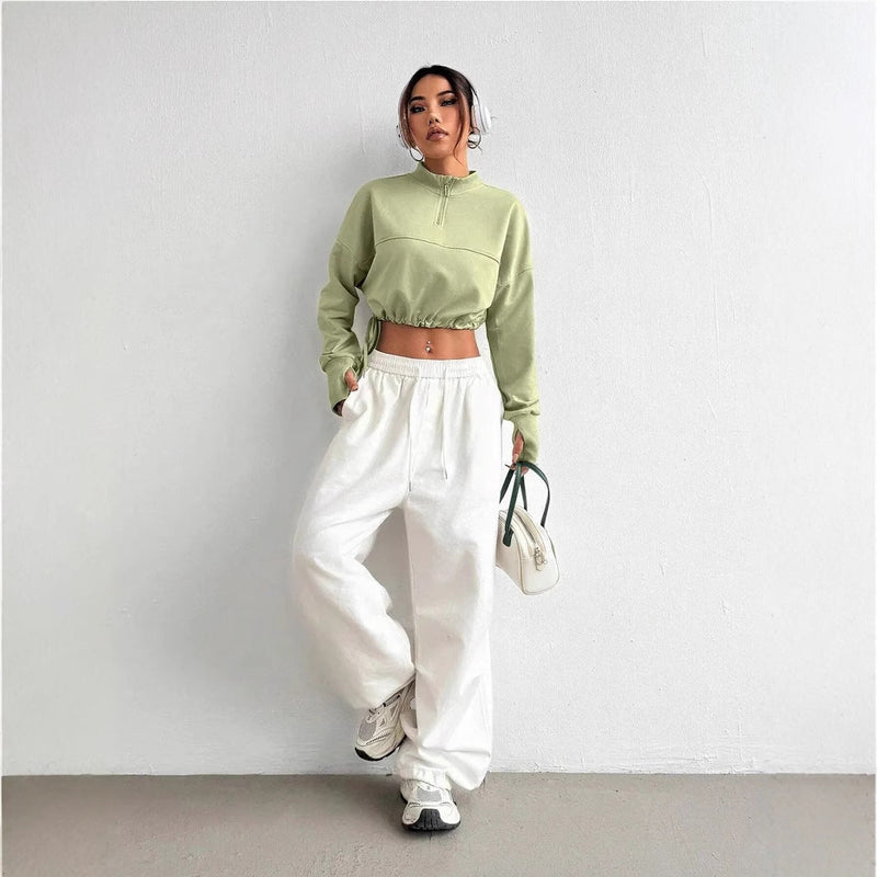 Women's Cropped Zip Neck Sweatshirt Jumper with Balloon Sleeves - Trendy & Comfortable