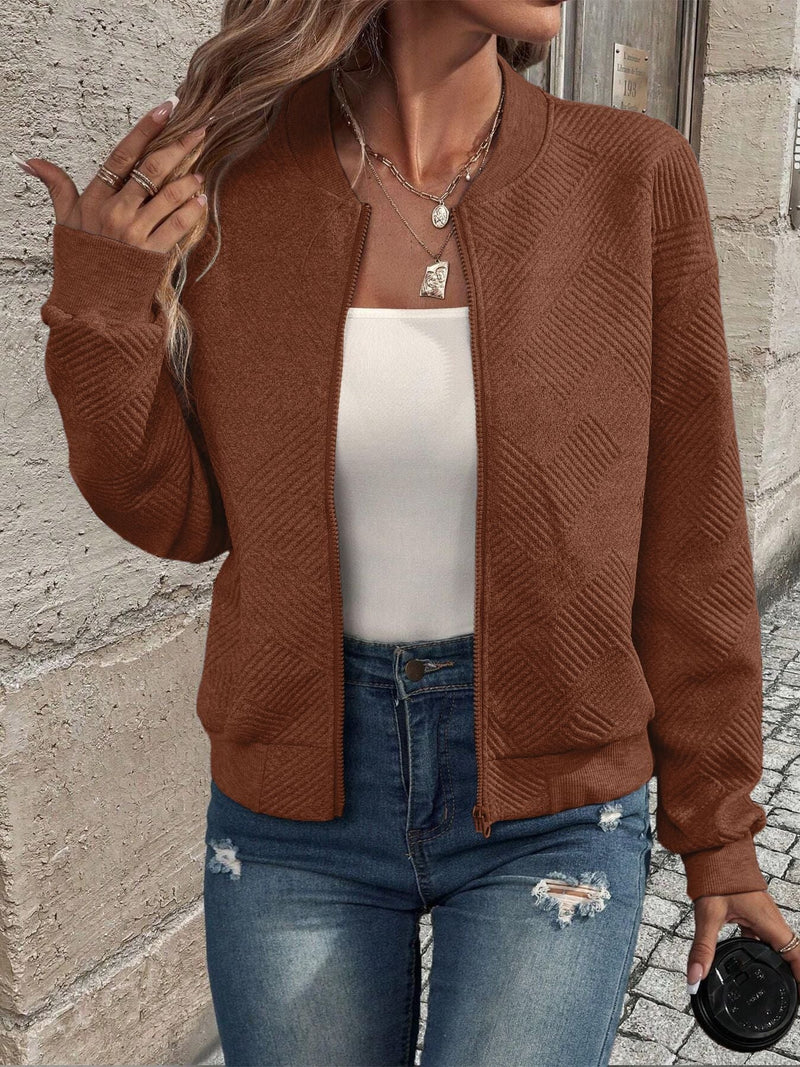 Women's Textured Zip-Up Cardigan with Ribbed Hem & Long Sleeves - Cozy, Stylish Outerwear for Fall & Winter