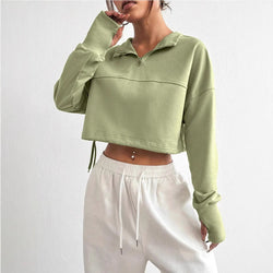 Women's Cropped Zip Neck Sweatshirt Jumper with Balloon Sleeves - Trendy & Comfortable