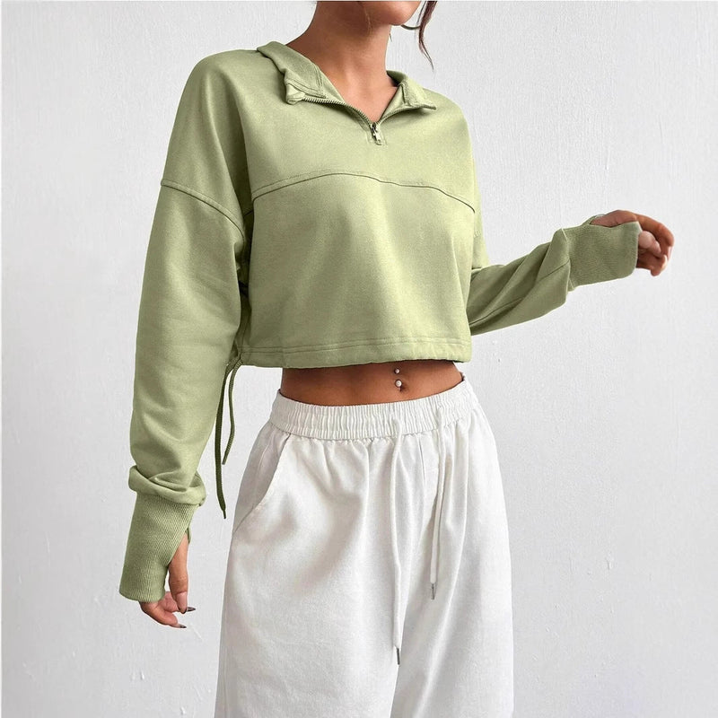 Women's Cropped Zip Neck Sweatshirt Jumper with Balloon Sleeves - Trendy & Comfortable