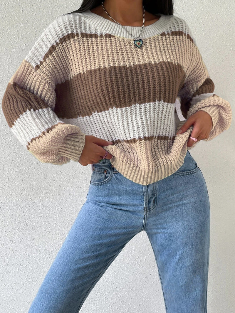 Women's Striped Knit Jumper - Crew Neck, Long Sleeves, Cozy Sweater for Casual Wear