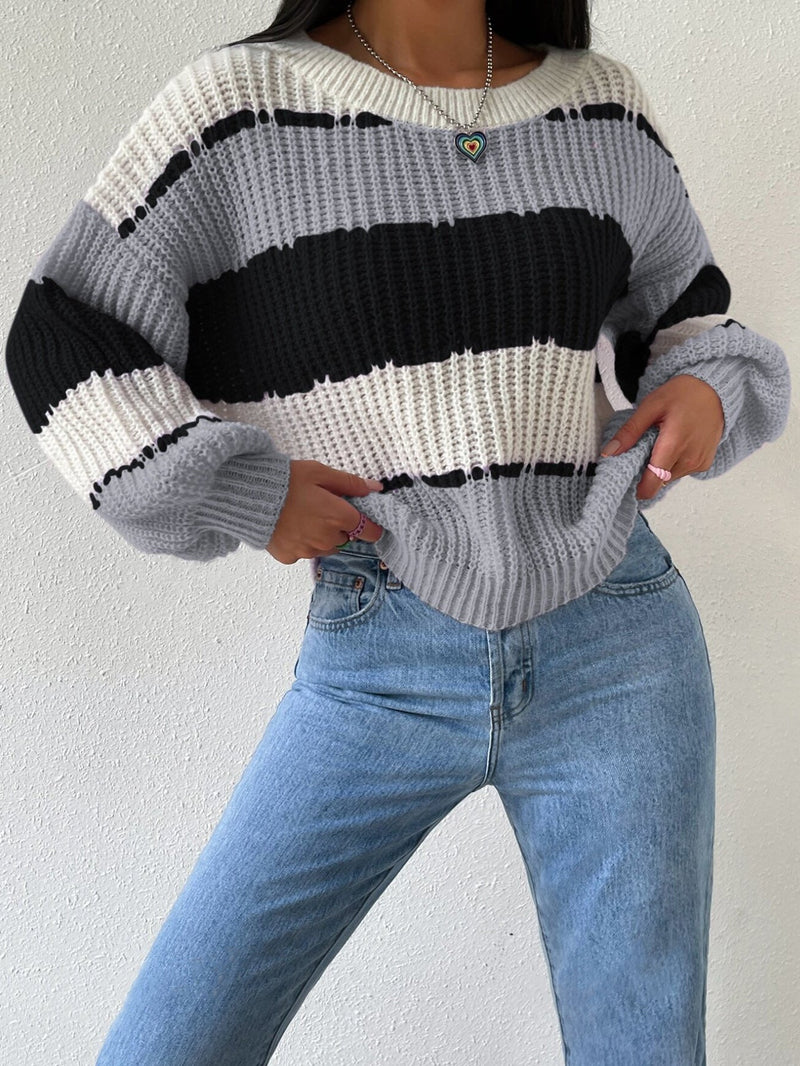 Women's Striped Knit Jumper - Crew Neck, Long Sleeves, Cozy Sweater for Casual Wear