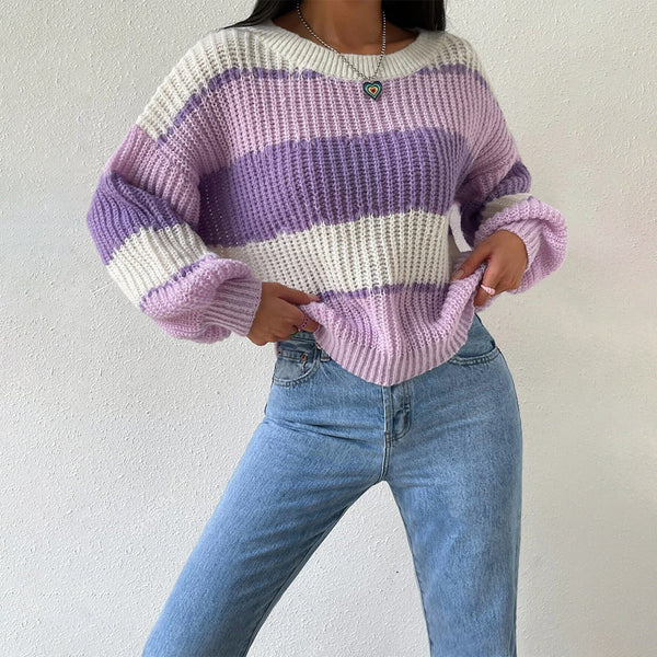 Women's Striped Knit Jumper - Crew Neck, Long Sleeves, Cozy Sweater for Casual Wear