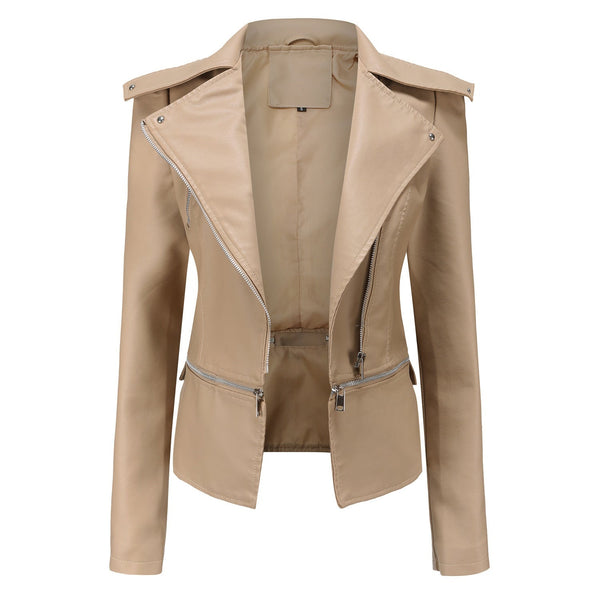 Women's Zippered Leather Motorcycle Jacket - Stylish & Durable Biker Outerwear