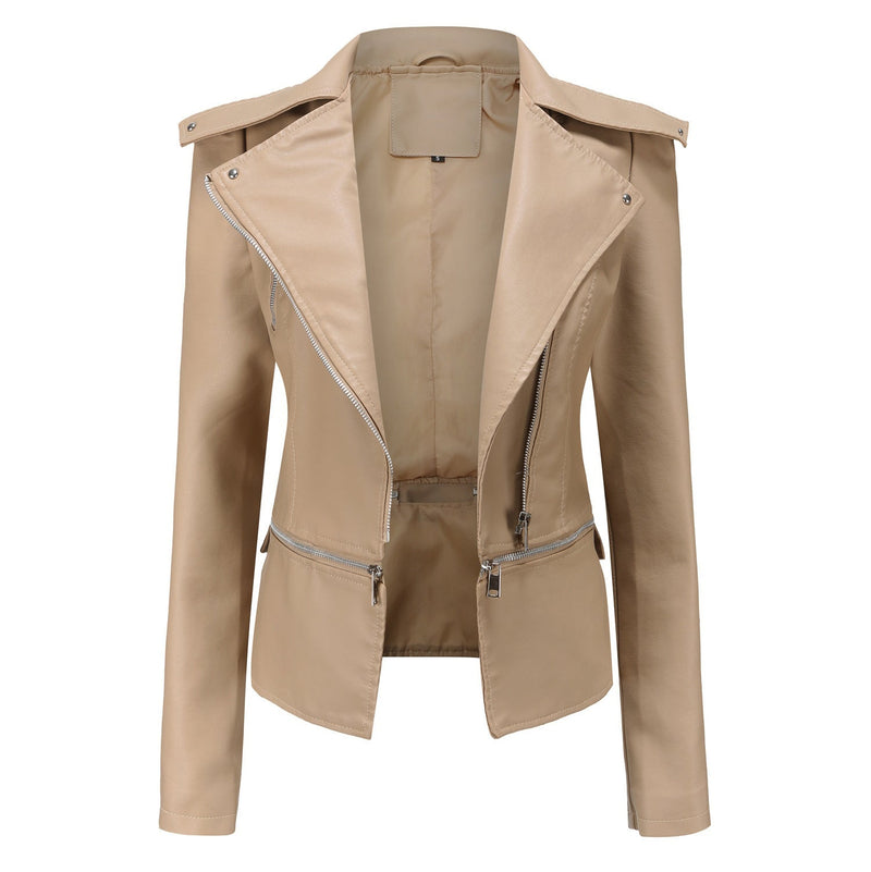 Women's Zippered Leather Motorcycle Jacket - Stylish & Durable Biker Outerwear