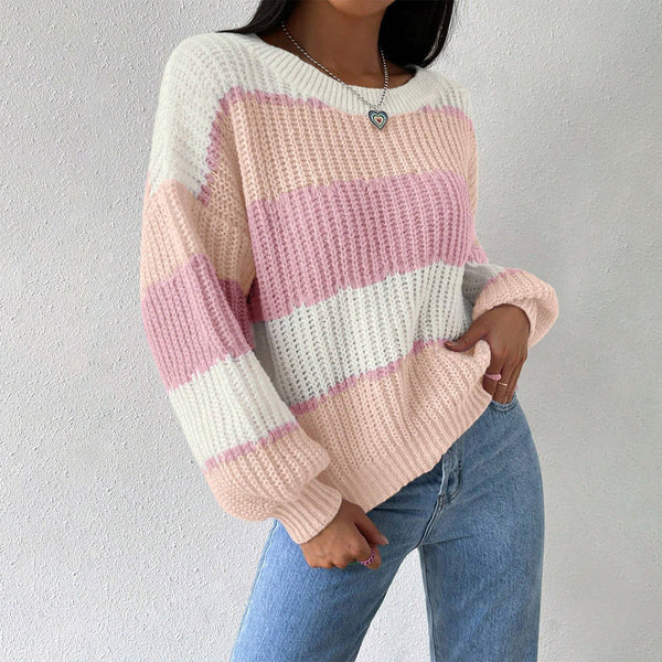 Women's Striped Knit Jumper - Crew Neck, Long Sleeves, Cozy Sweater for Casual Wear