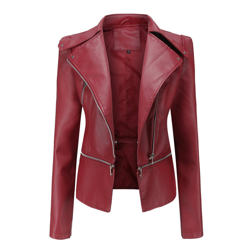 Women's Zippered Leather Motorcycle Jacket - Stylish & Durable Biker Outerwear
