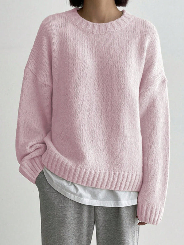 Cozy Women's Oversized Knit Jumper - Crew Neck & Ribbed Trim Sweater for Ultimate Comfort