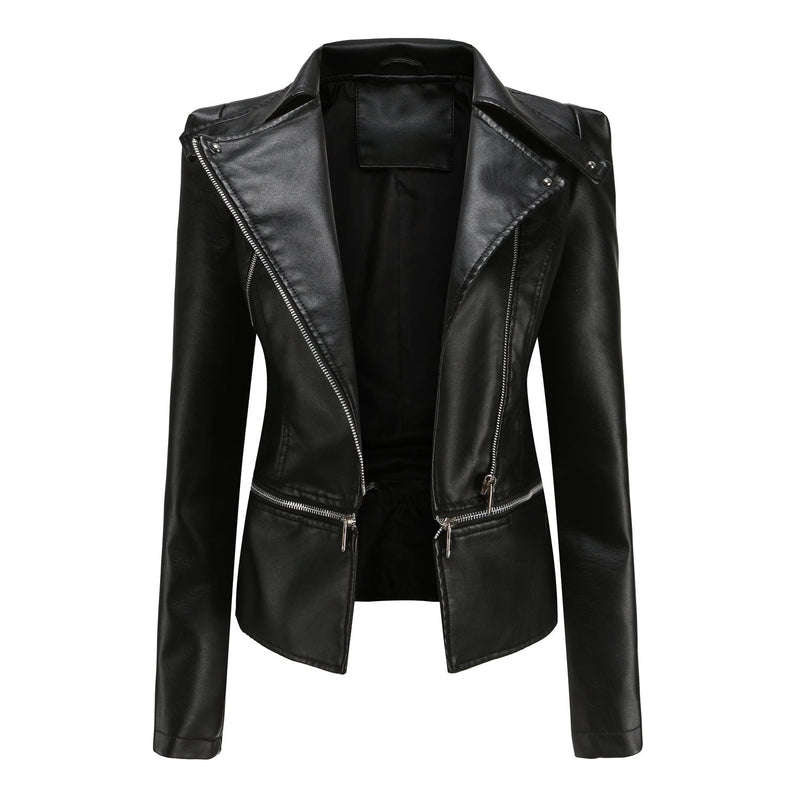Women's Zippered Leather Motorcycle Jacket - Stylish & Durable Biker Outerwear