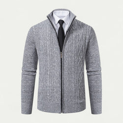 Men's High Collar Cable-Knit Zip-Up Cardigan with Ribbed Hem - Stylish & Cozy Knitwear