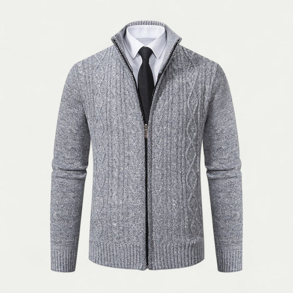 Men's High Collar Cable-Knit Zip-Up Cardigan with Ribbed Hem - Stylish & Cozy Knitwear