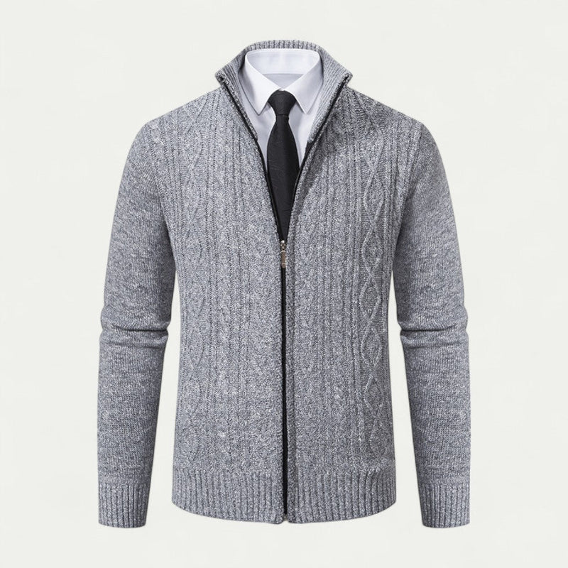 Men's High Collar Cable-Knit Zip-Up Cardigan with Ribbed Hem - Stylish & Cozy Knitwear