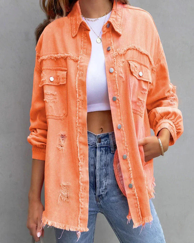 Clara Women's Distressed Tattered Denim Jacket - Trendy Casual Outerwear for Everyday Style