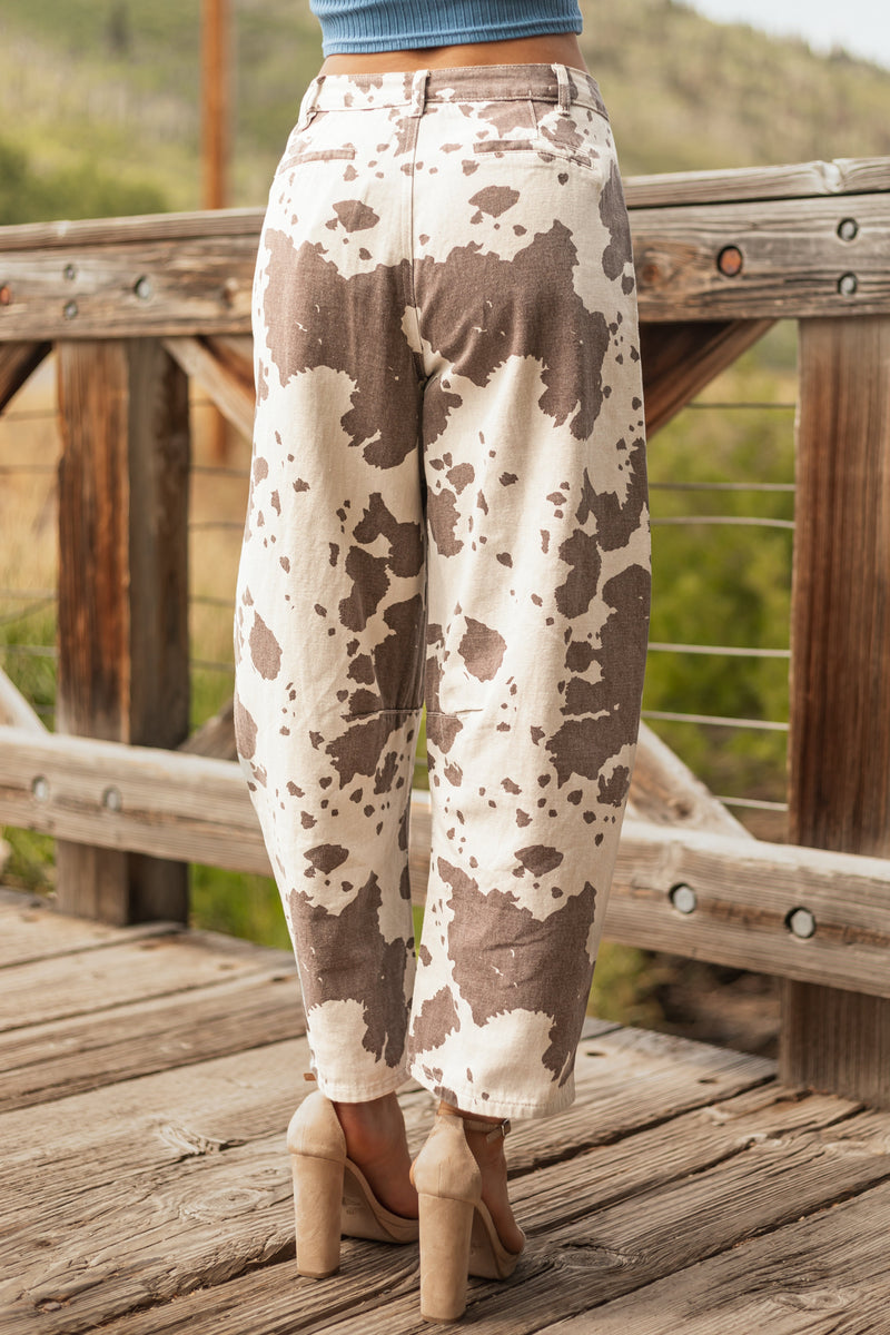 Oatmeal & Chocolate Cow Print Barrel Jeans for Women - Trendy High-Waisted Denim Pants