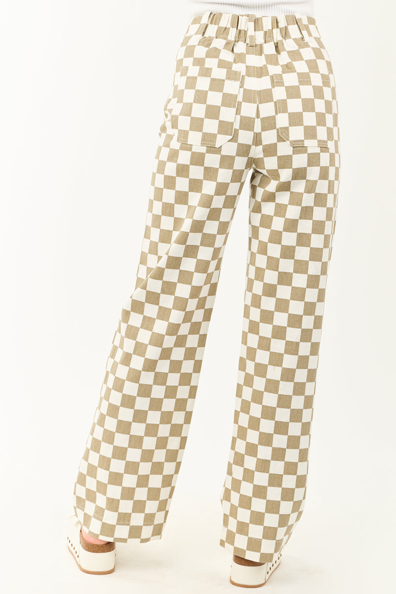 Olive & Ivory Checkered Wide Leg Denim Pants for Women - Trendy Fashionable Casual Trousers